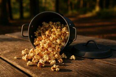 Popcorn seasoned with chili and lime in a camping pot over a camp stove.