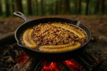 Golden caramelized bananas atop a cinnamon-spiced crisp cooked in a rustic skillet.