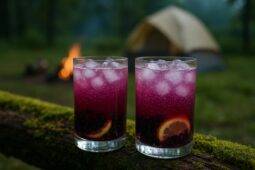 A glass of dark purple Cascadian Blackberry Fizz with ice and a wooden camp table background.