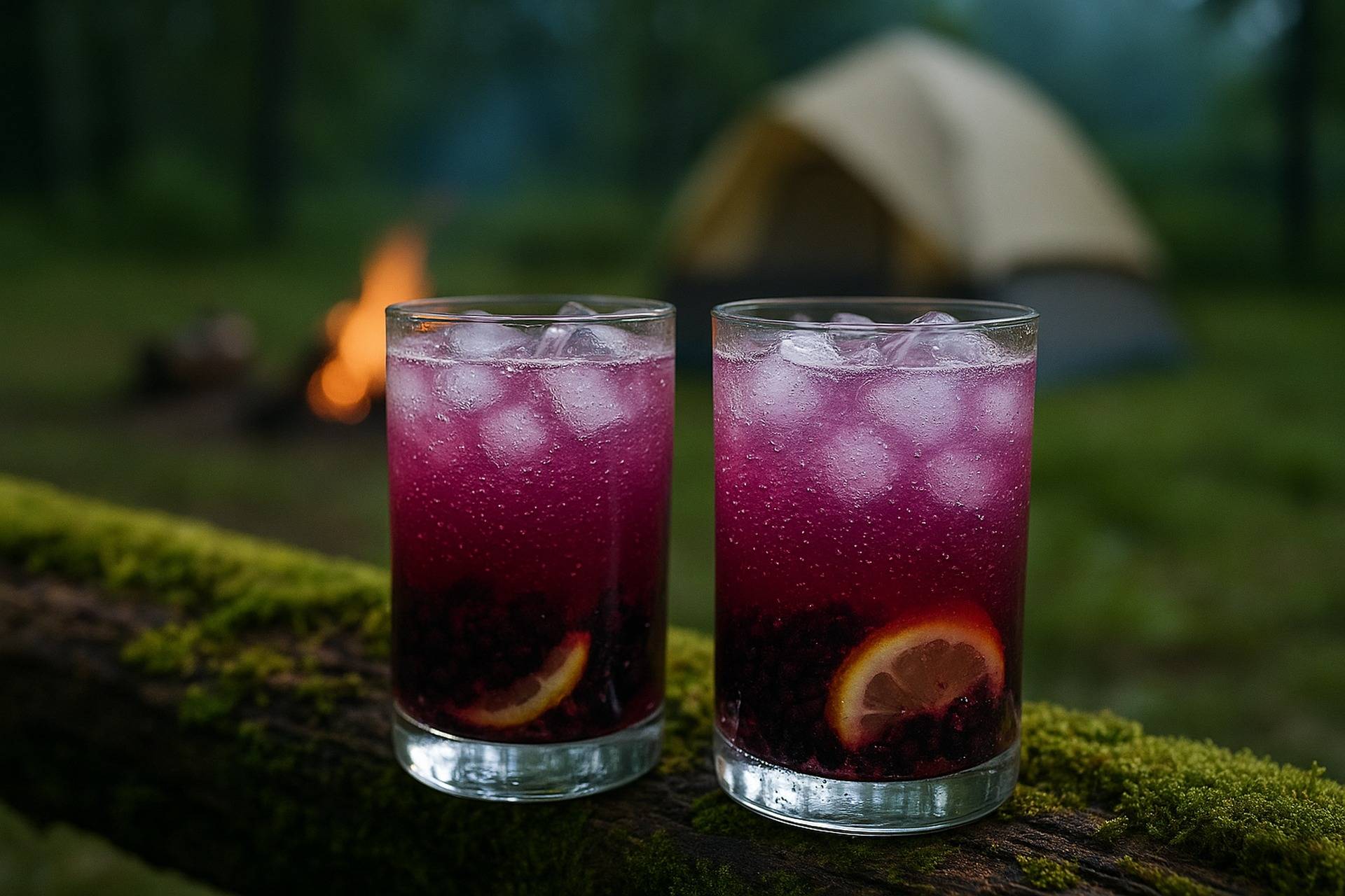 A glass of dark purple Cascadian Blackberry Fizz with ice and a wooden camp table background.