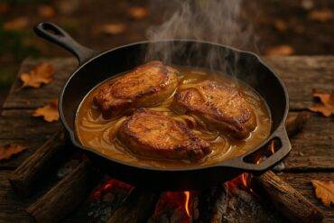 Pork chops cooking with caramelized onions in a cast iron skillet over a campfire