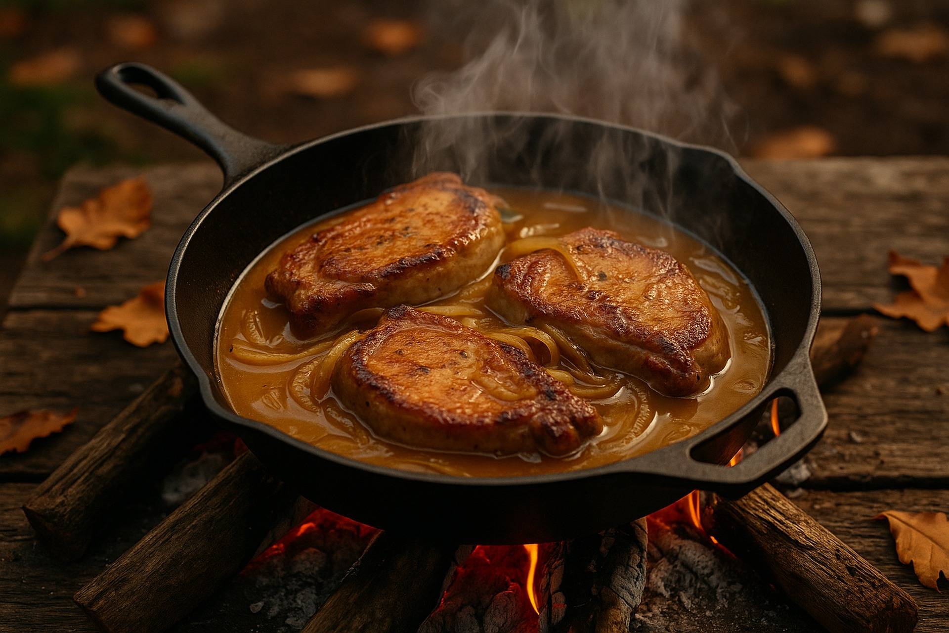 Pork chops cooking with caramelized onions in a cast iron skillet over a campfire