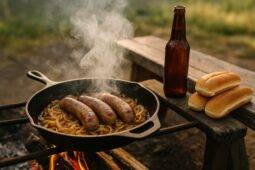 Bratwurst simmering with caramelized onions in a cast iron skillet over a campfire.
