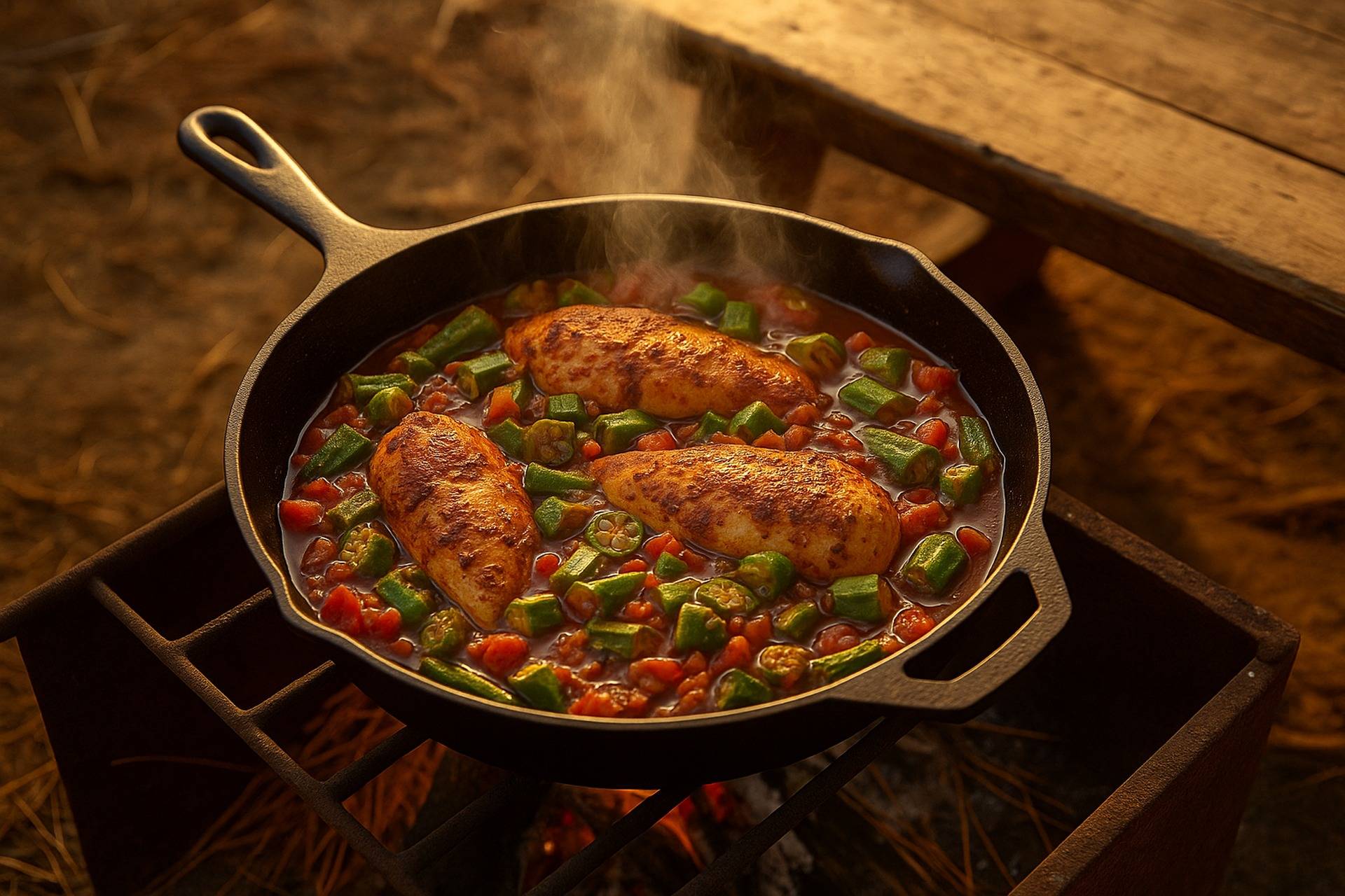 Cast iron skillet with seasoned chicken, sliced okra, and bell peppers cooking over a campfire.
