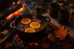 Cast iron pot simmering spiced apple cider over a campfire with steam rising