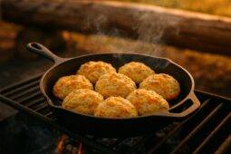 Golden cheddar biscuits baking in a cast iron skillet over an open campfire.