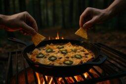 Cast iron skillet filled with melted cheese, tortilla chips, jalapeños, and black beans cooked over a campfire.