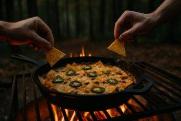 Cast iron skillet filled with melted cheese, tortilla chips, jalapeños, and black beans cooked over a campfire.