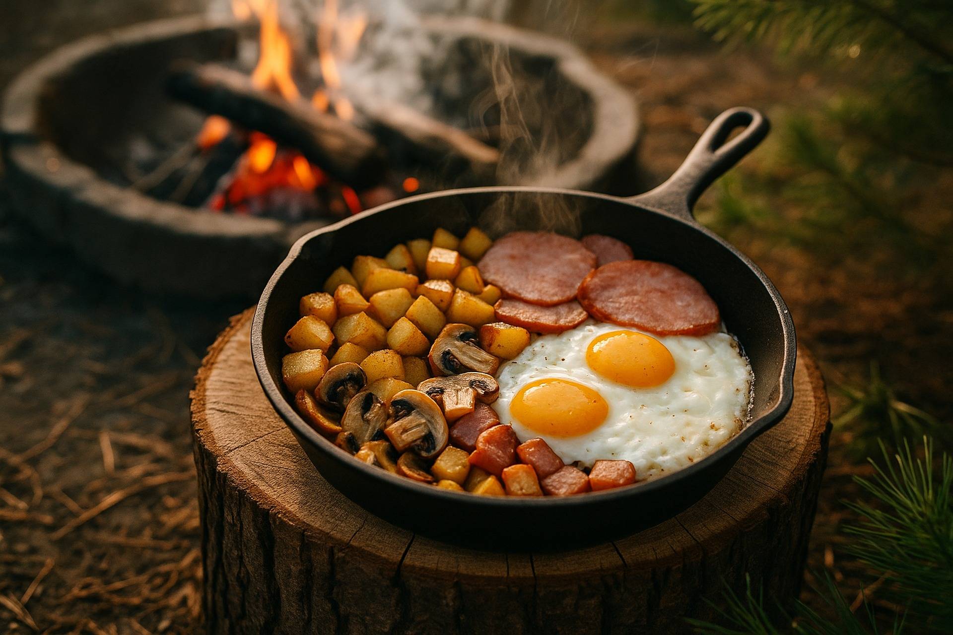 Cast iron skillet with browned Canadian bacon, sautéed mushrooms, and diced potatoes cooked together.