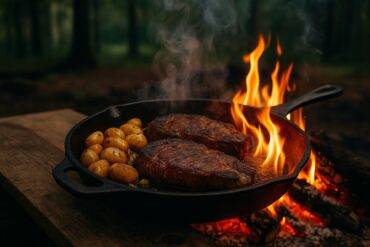 Cowboy ribeye steak searing in a cast iron skillet beside garlic roasted potatoes over a campfire.