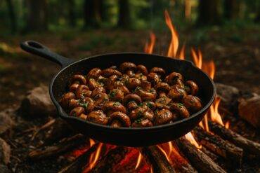 Sautéed mushrooms in a cast iron skillet with garlic and melted Parmesan cheese.