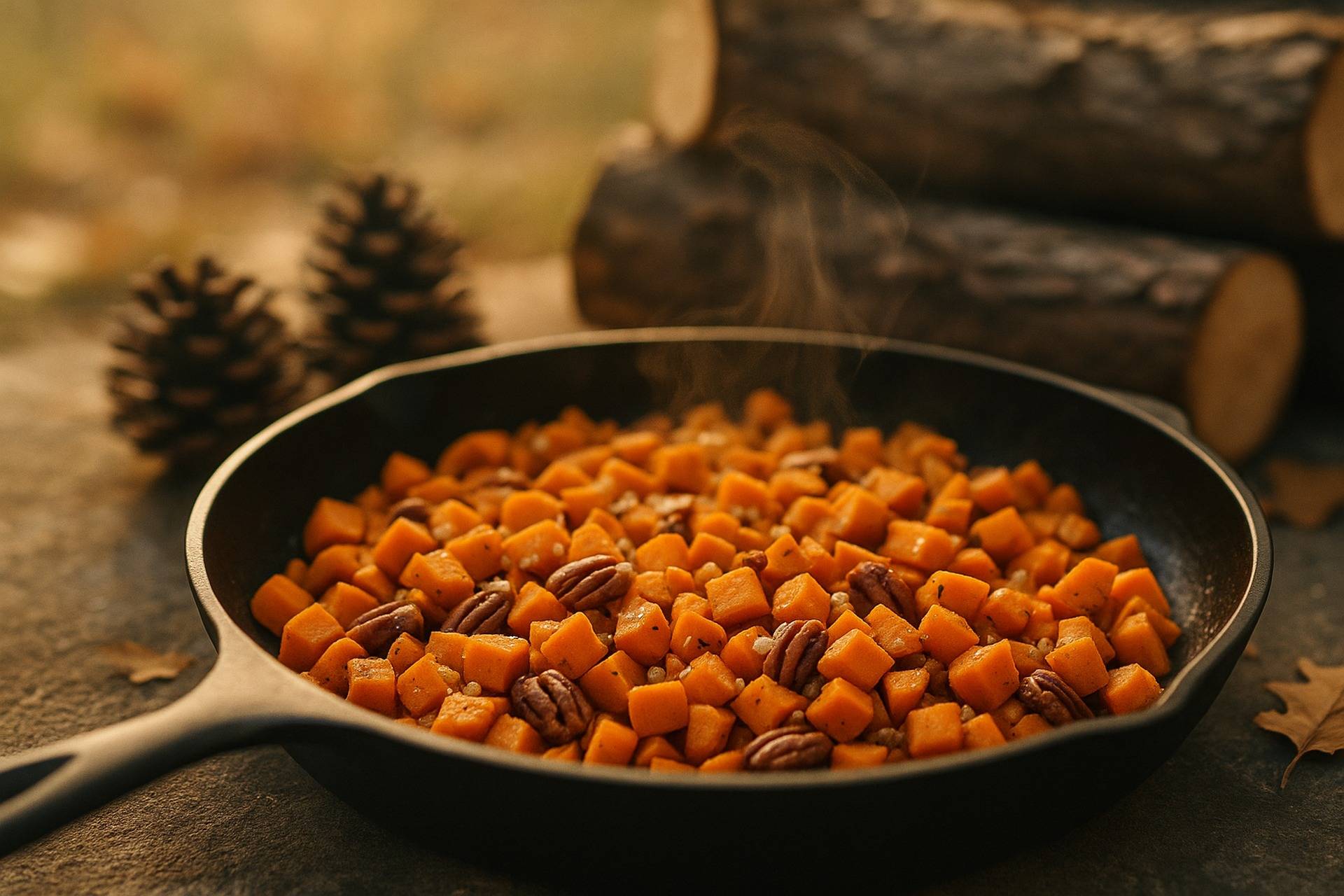 Cast iron skillet with diced sweet potatoes, pecans, and garlic cooking over a campfire.