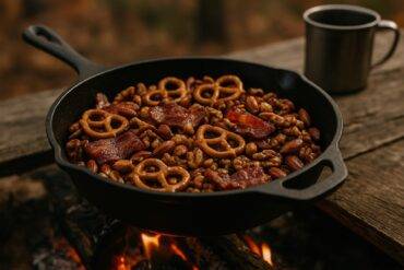 Cast iron skillet filled with trail mix containing bacon, nuts, and maple-glazed ingredients.