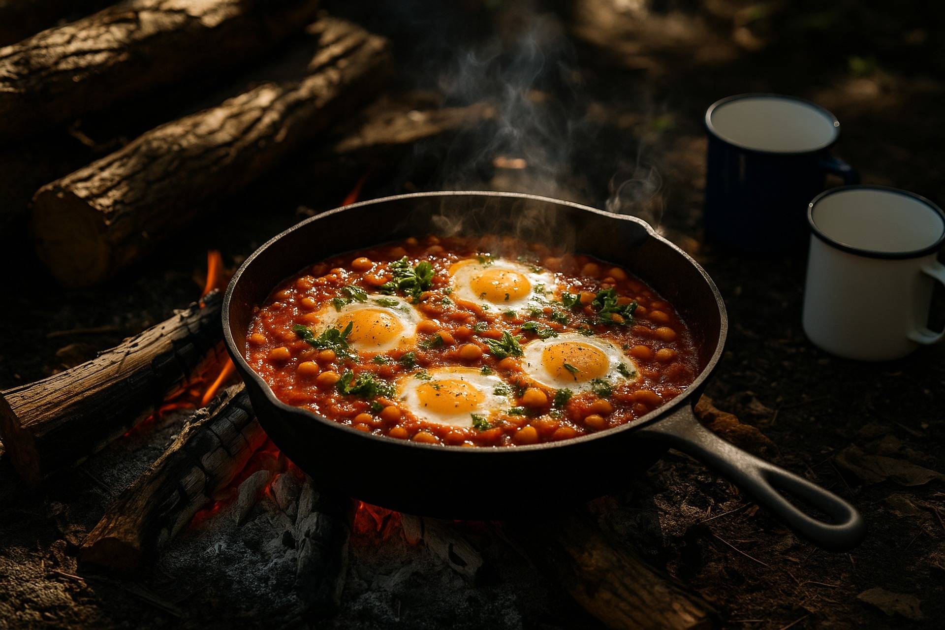 Mediterranean shakshuka with chickpeas simmering in a cast iron skillet over a campfire