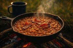 Smoky baked beans with bacon cooking in a cast iron skillet over a campfire.