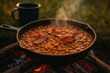 Smoky baked beans with bacon cooking in a cast iron skillet over a campfire.