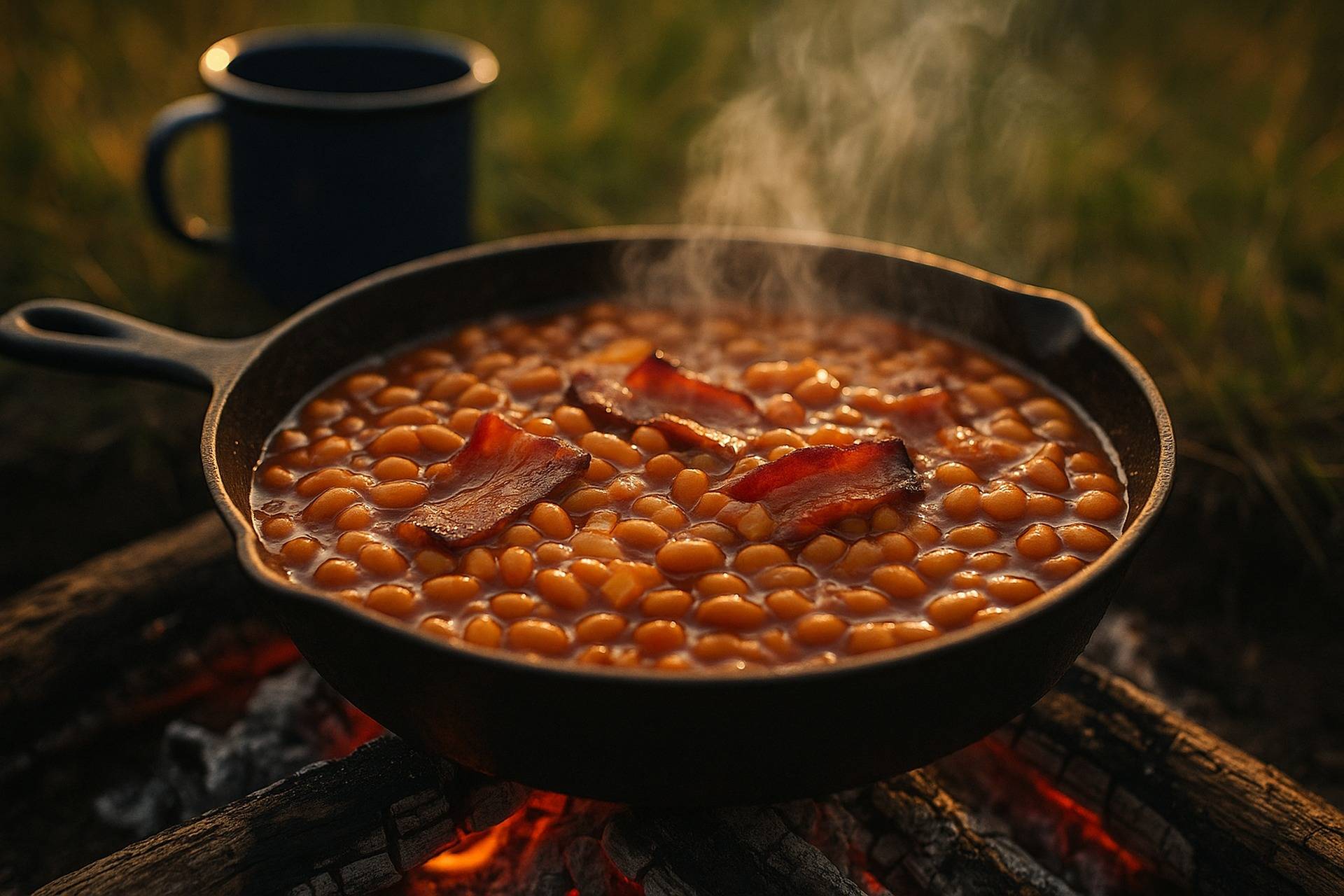 Smoky baked beans with bacon cooking in a cast iron skillet over a campfire.