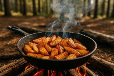 Golden-brown potato wedges seasoned with smoky paprika in a cast iron skillet over a campfire.