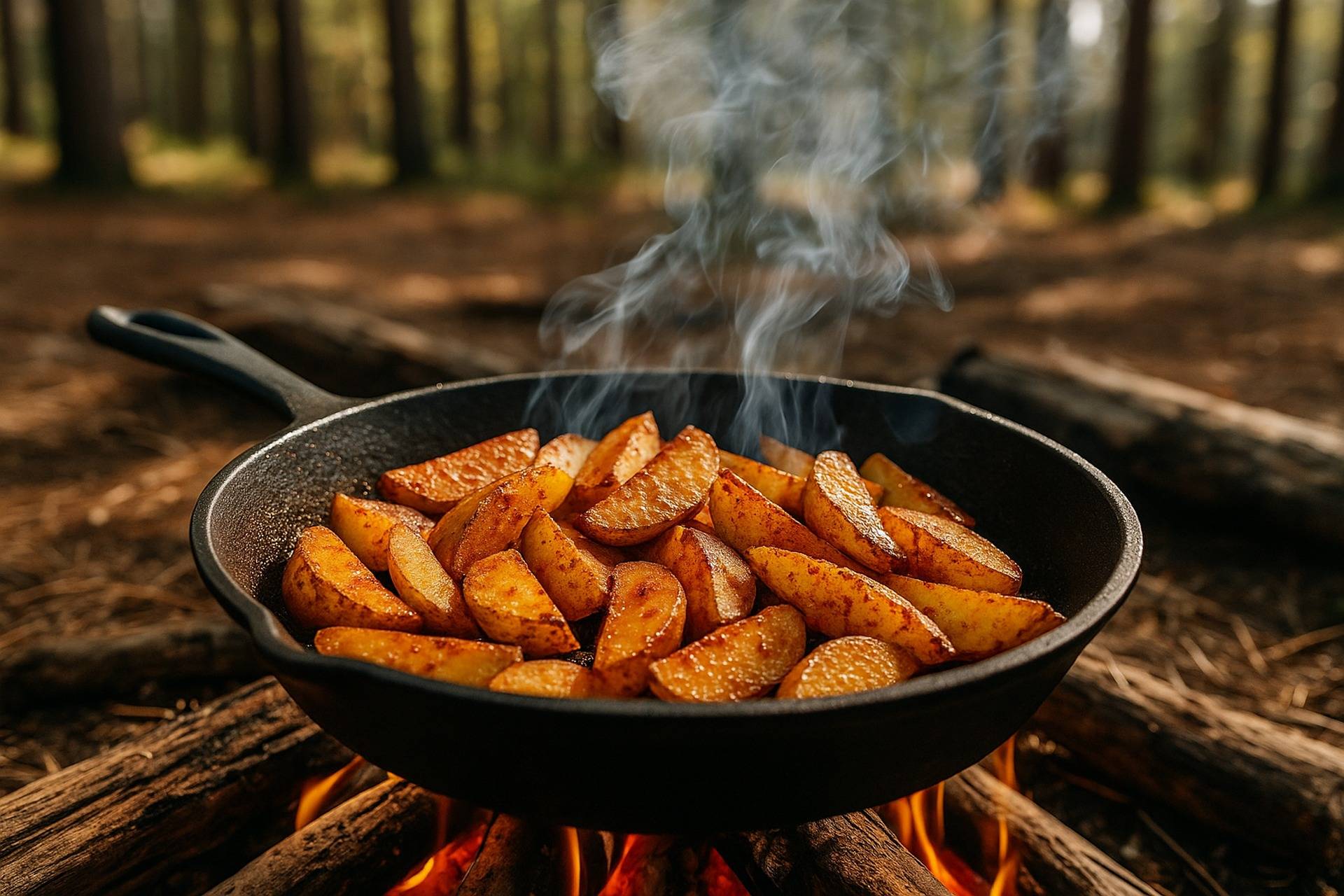 Golden-brown potato wedges seasoned with smoky paprika in a cast iron skillet over a campfire.
