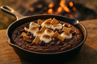Brownie baked in a cast iron skillet topped with melted chocolate, marshmallows, and graham cracker pieces.