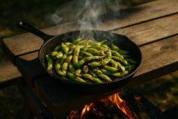 Spicy garlic butter edamame sizzling in a cast iron skillet with melted butter and red pepper flakes.