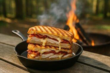 Golden-brown cast iron panini filled with turkey, apple slices, and crispy bacon cooking over a campfire.