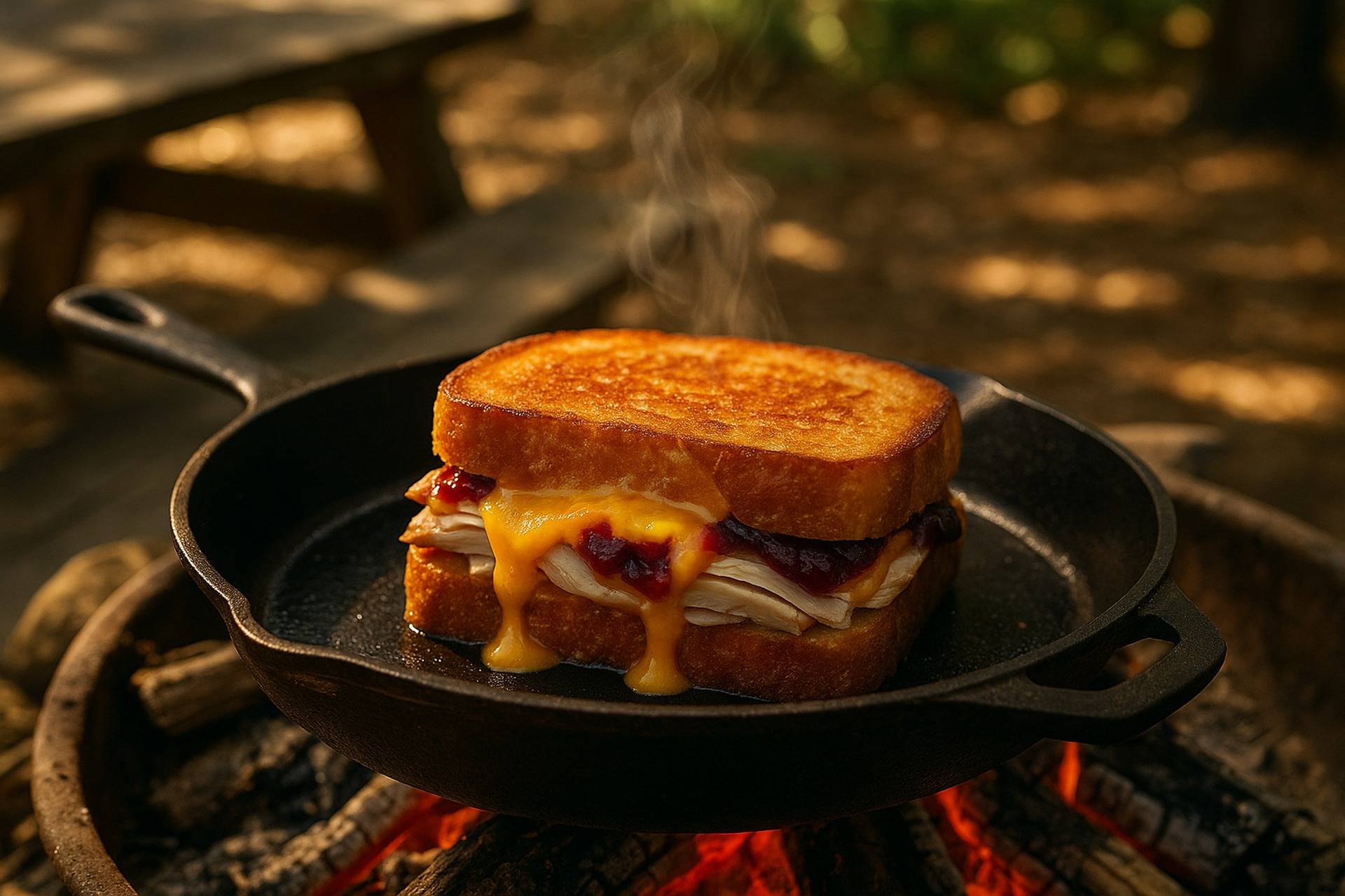 Golden grilled cheese sandwich filled with turkey slices and cranberry sauce cooking in a cast iron skillet.