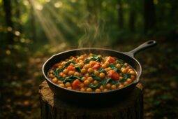 Chickpeas, spinach, and tomatoes cooked together in a skillet for a hearty breakfast.