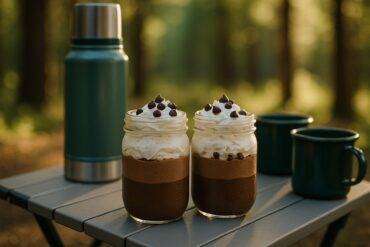 Three clear cups layered with chocolate pudding, whipped cream, and chocolate shavings ready to serve at camp.