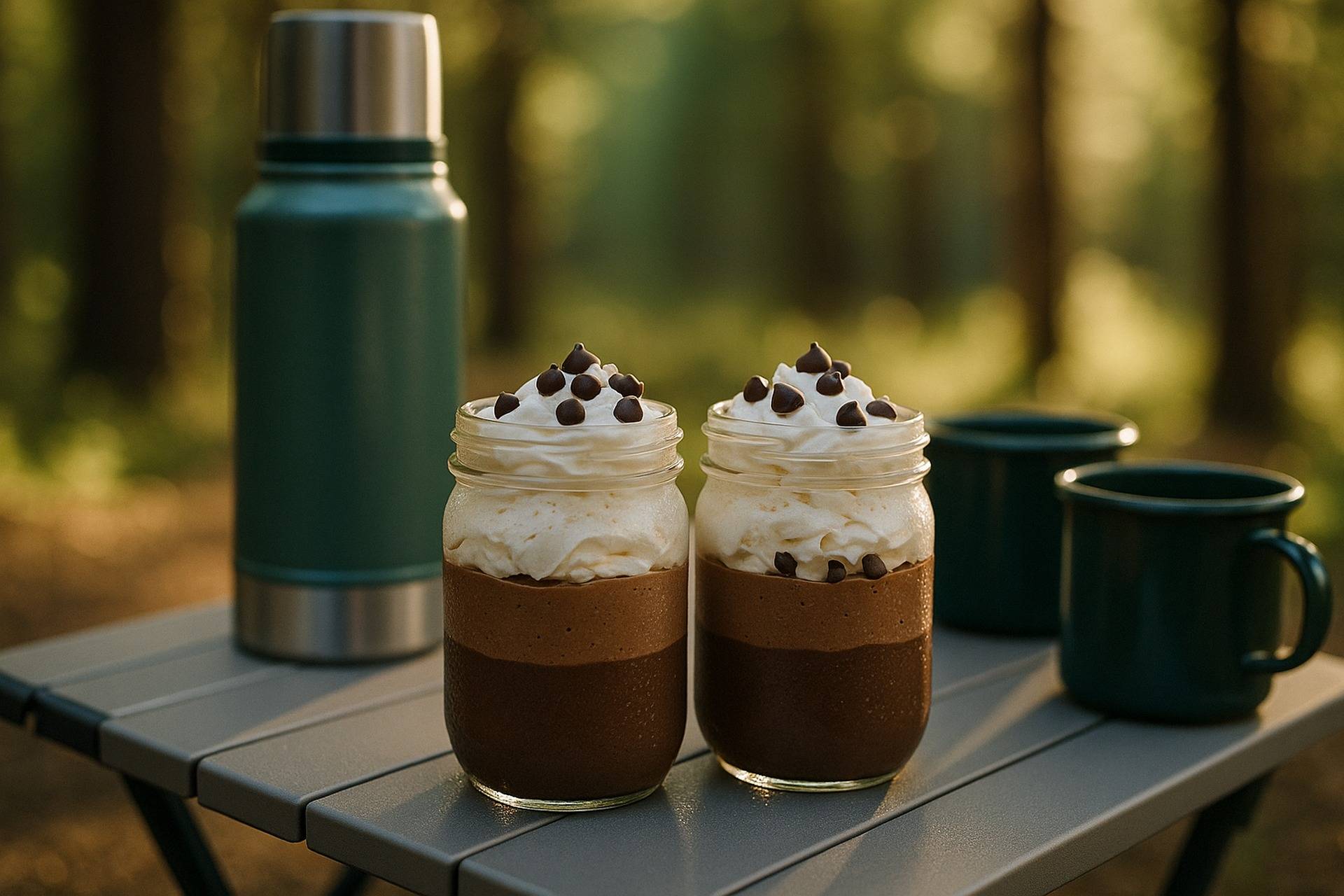 Three clear cups layered with chocolate pudding, whipped cream, and chocolate shavings ready to serve at camp.