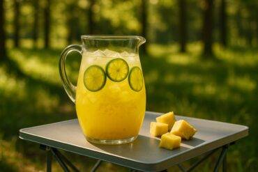 Glass of pale yellow pineapple ginger agua fresca with ice and a straw on a wooden surface.