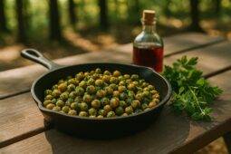 Chickpeas coated in green chimichurri sauce, ready to be cooked or served in a camping bowl.