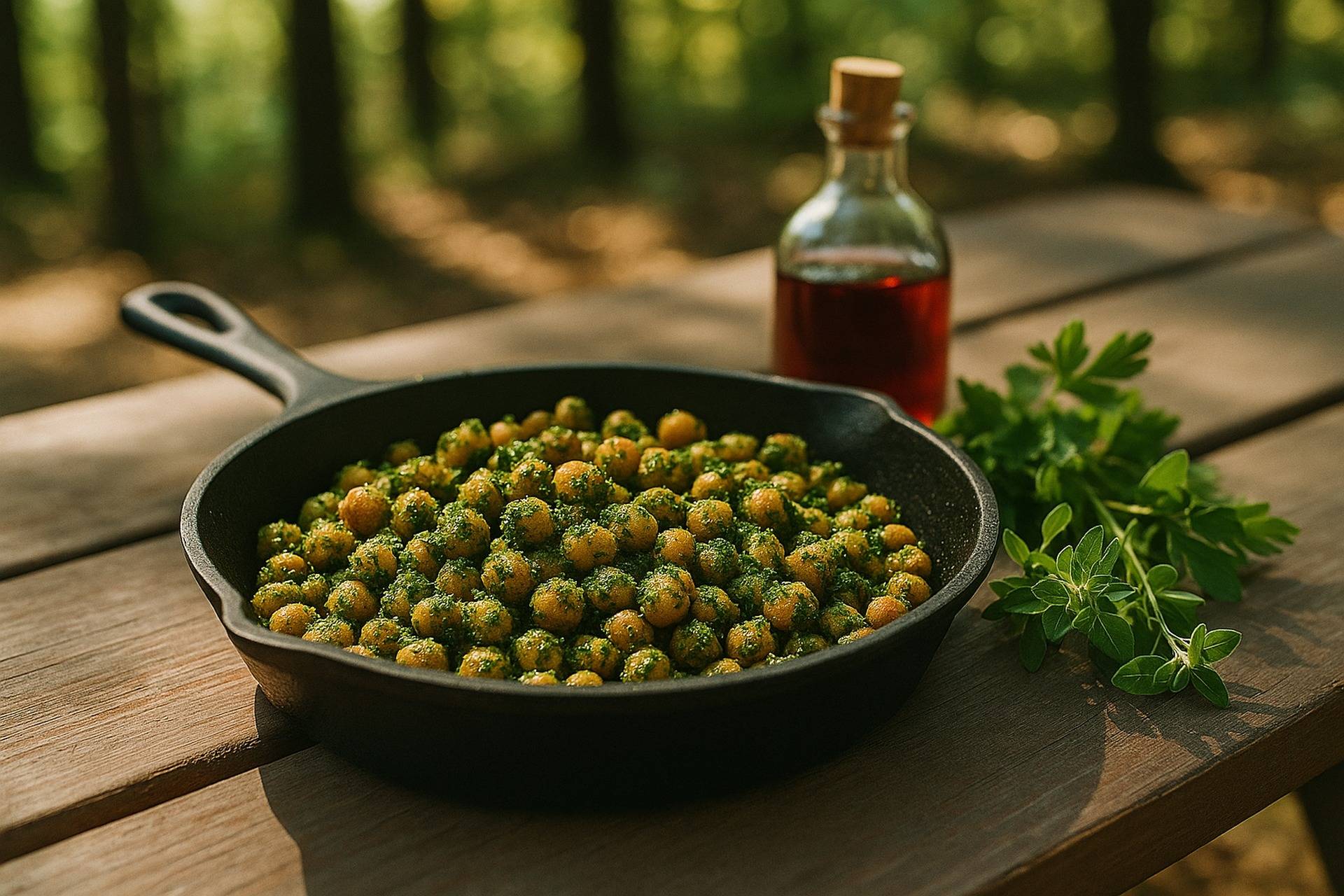 Chickpeas coated in green chimichurri sauce, ready to be cooked or served in a camping bowl.
