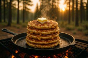 Stack of cinnamon apple pancakes topped with apple slices and cinnamon, cooked over a campfire grill.