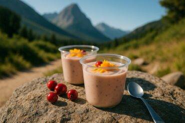 Two clear cups filled with layered citrus, cranberries, and creamy pudding topped with nuts and dried fruit.