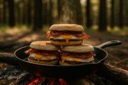 Two bacon and egg sandwiches cooking in a cast iron skillet over an open campfire grate.