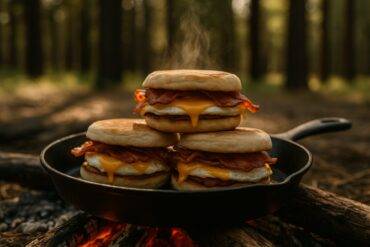 Two bacon and egg sandwiches cooking in a cast iron skillet over an open campfire grate.