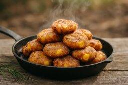 Golden-brown pineapple coconut fritters cooking over an open campfire grate.