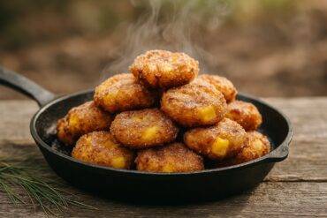 Golden-brown pineapple coconut fritters cooking over an open campfire grate.