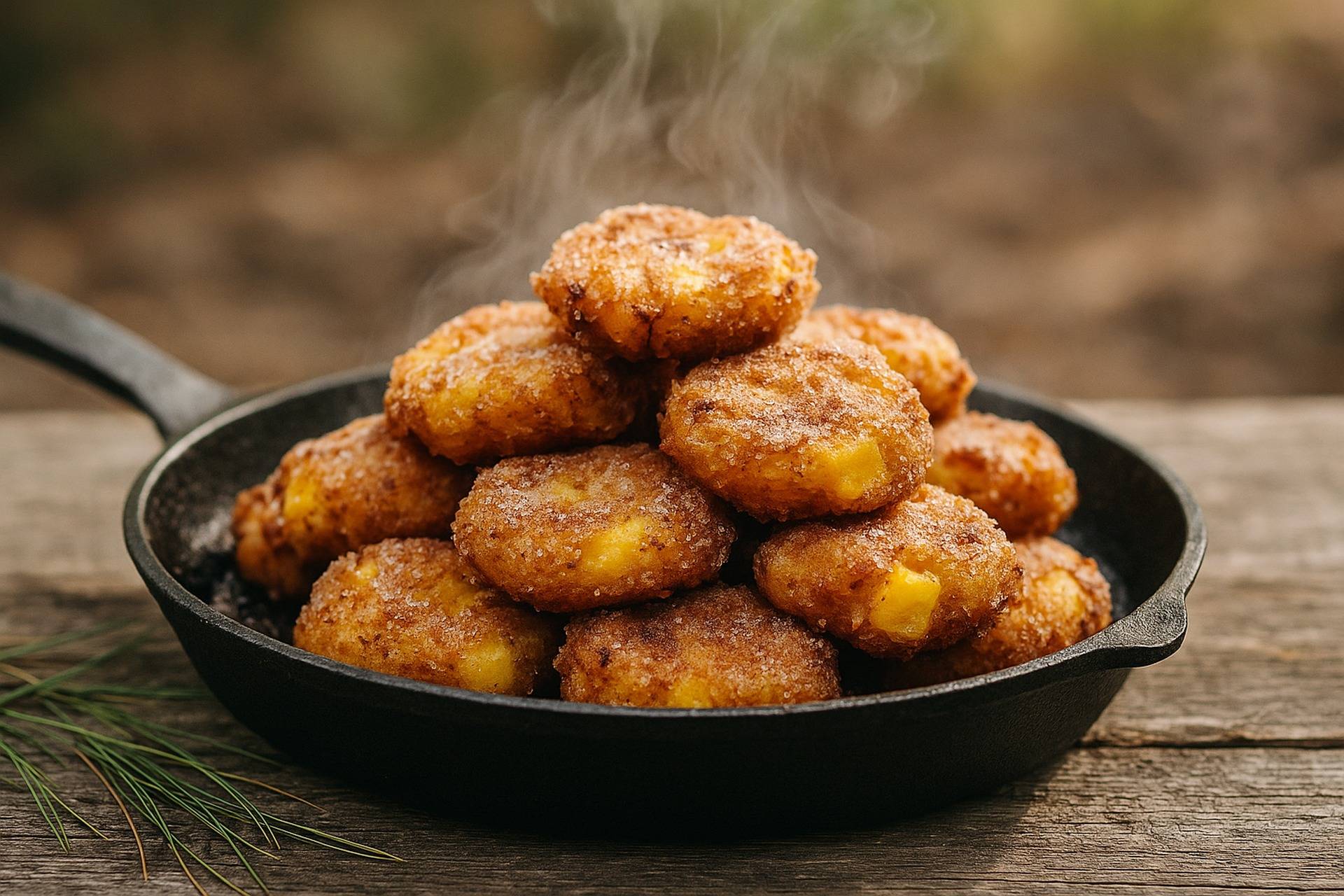 Golden-brown pineapple coconut fritters cooking over an open campfire grate.