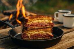 Golden-brown campfire sandwiches with corned beef, sauerkraut, and melted cheese on rye bread.