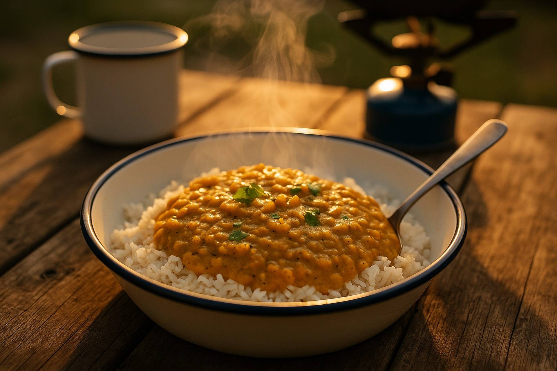 Coconut Red Lentil Dal With Spiced Rice camp recipe image