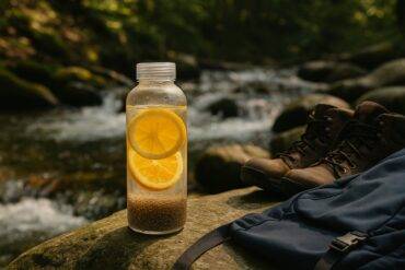 Clear cup filled with citrus-infused water with chia seeds and ice ready for outdoor hydration.