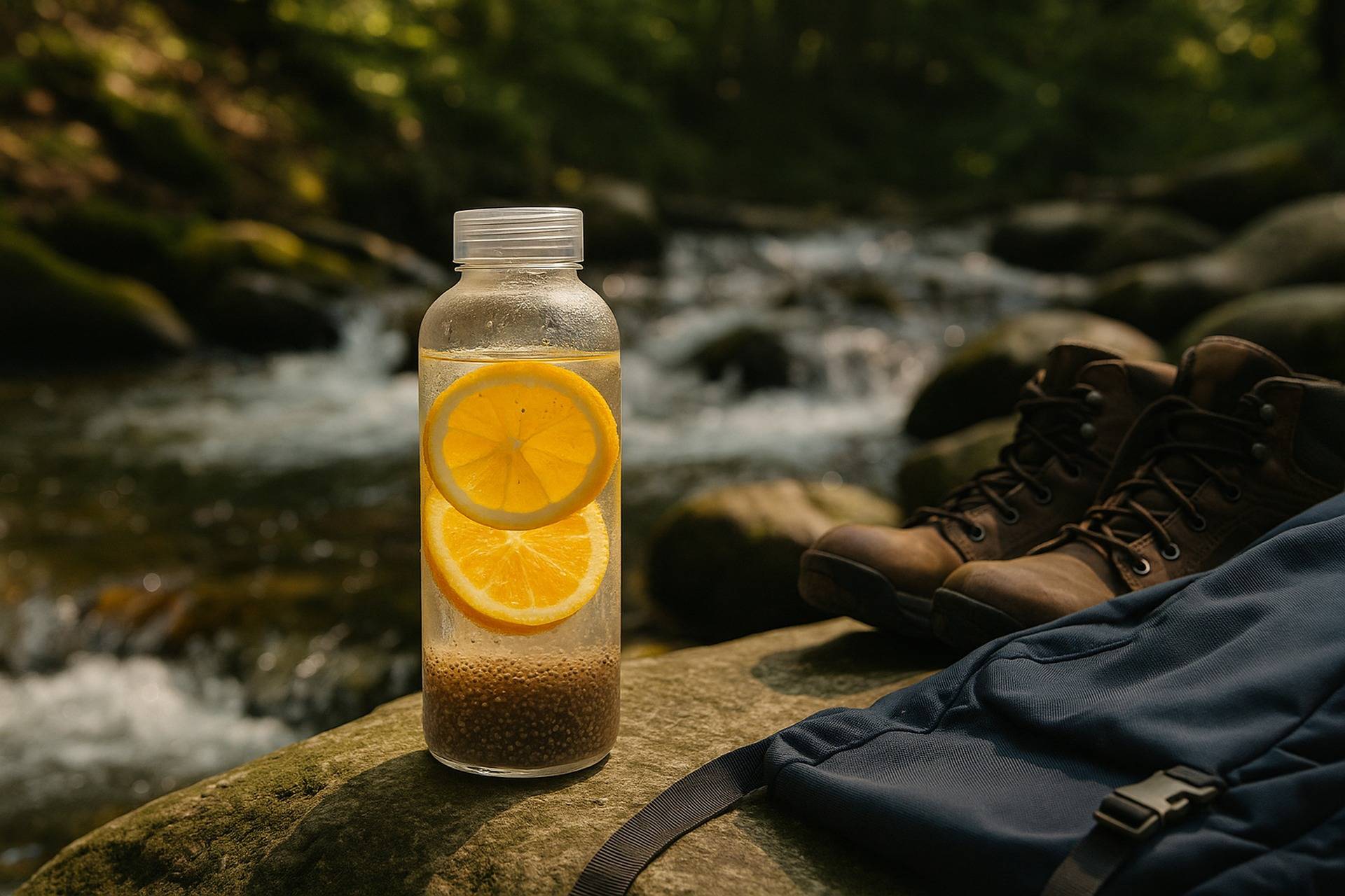 Clear cup filled with citrus-infused water with chia seeds and ice ready for outdoor hydration.
