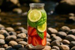 Clear jar filled with water, sliced strawberries, lemon wedges, and fresh basil leaves.