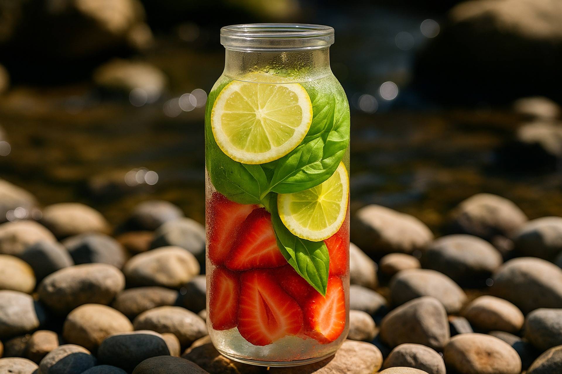Clear jar filled with water, sliced strawberries, lemon wedges, and fresh basil leaves.