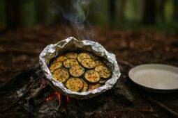 Golden-brown zucchini chips coated with Parmesan cheese served on a rustic wooden plate.