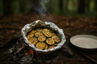 Golden-brown zucchini chips coated with Parmesan cheese served on a rustic wooden plate.