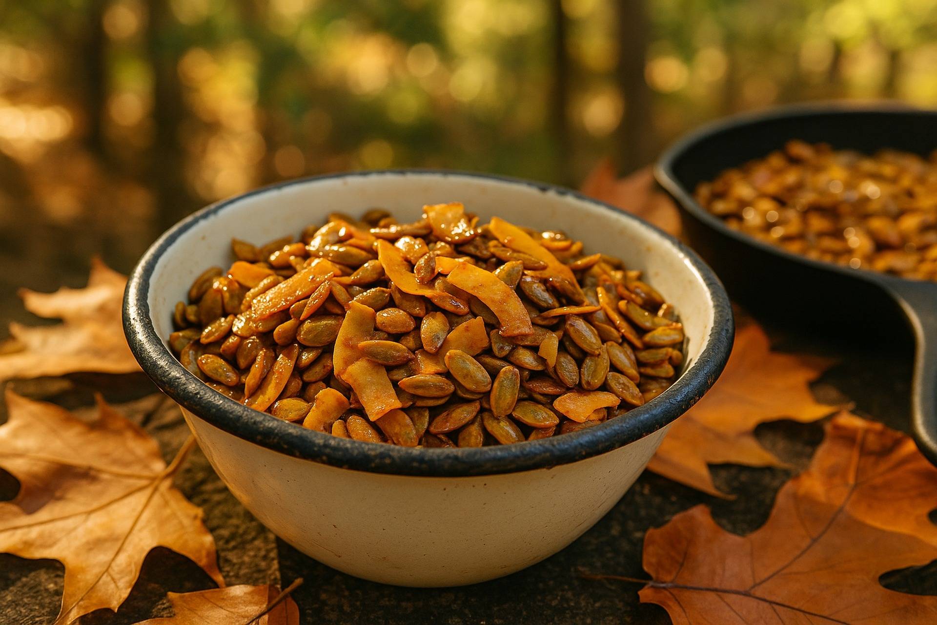 Golden brown pumpkin seeds tossed with curry powder and coconut flakes in a bowl ready for roasting.