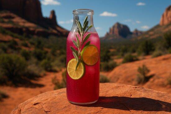 A refreshing pink prickly pear agua fresca garnished with sage leaves in two clear glasses.